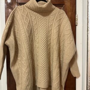 Cozy Cable Knit Turtleneck Sweater Poncho - Cream
